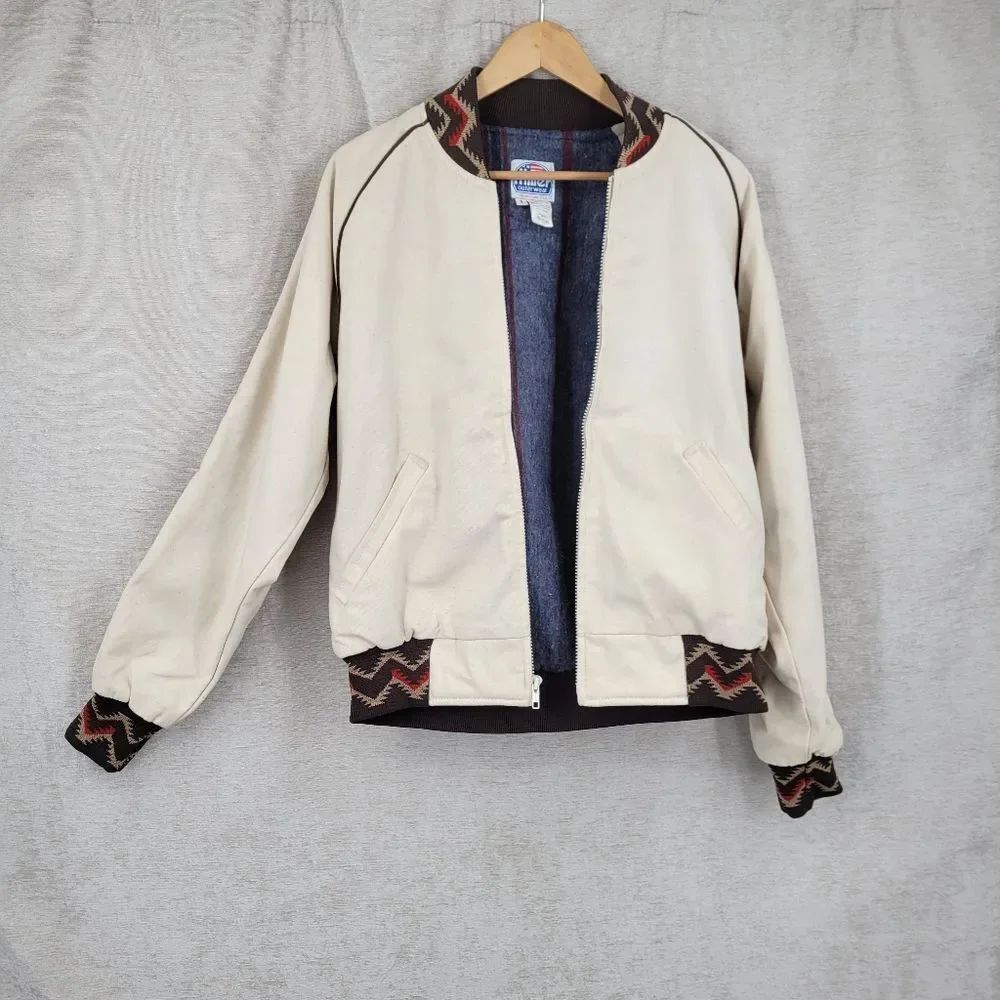 Vintage Canvas Cream Bomber Jacket with Aztec Knit Trim Blanket Lining